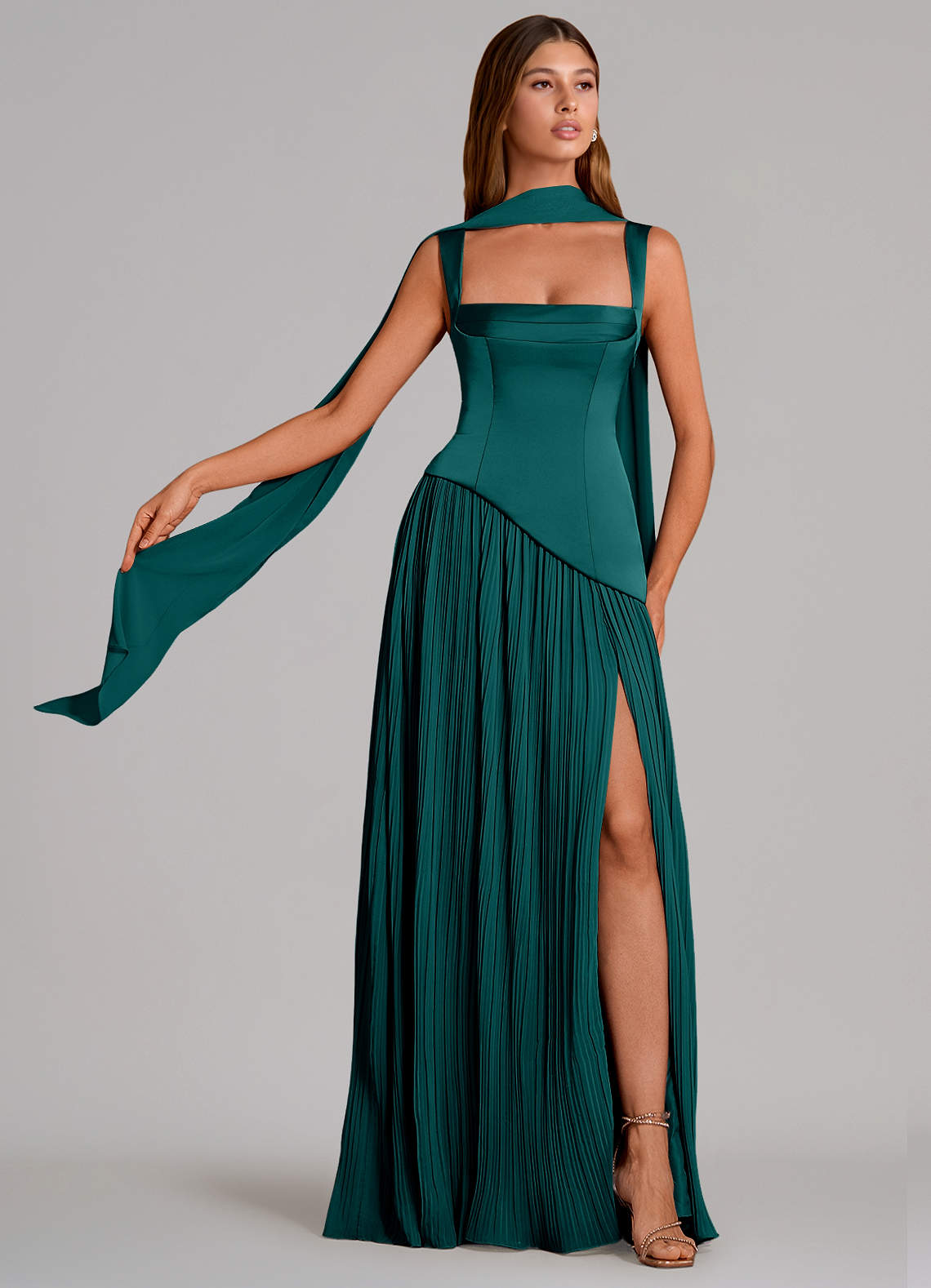 Stephanie A-Line Square-Neck Stretch Satin and Chiffon Bridesmaid Dress in Peacock