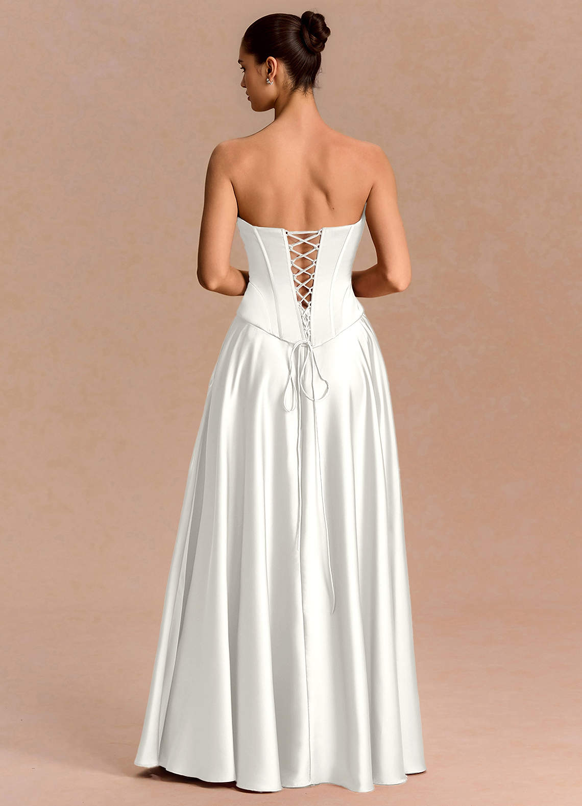 Eponine A-Line Pleated Stretch Satin Evening Dress in White
