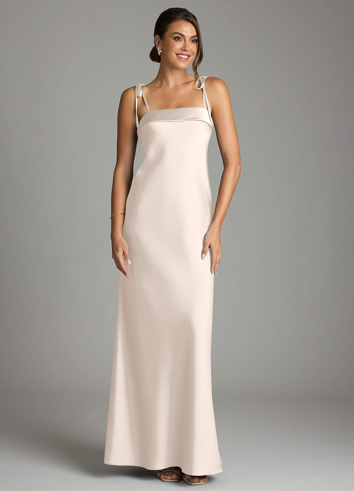 Ellia Sheath Straight-Neck Stretch Satin Bridesmaid Dress in White Alabaster