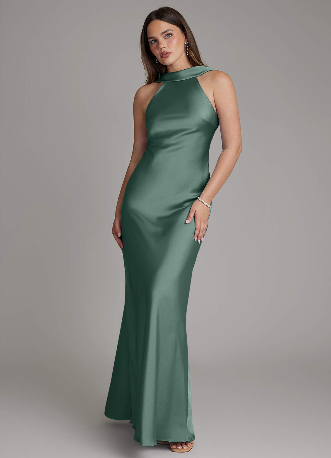 Dimitra Sheath Halter Stretch Satin Bridesmaid Dress in Eucalyptus