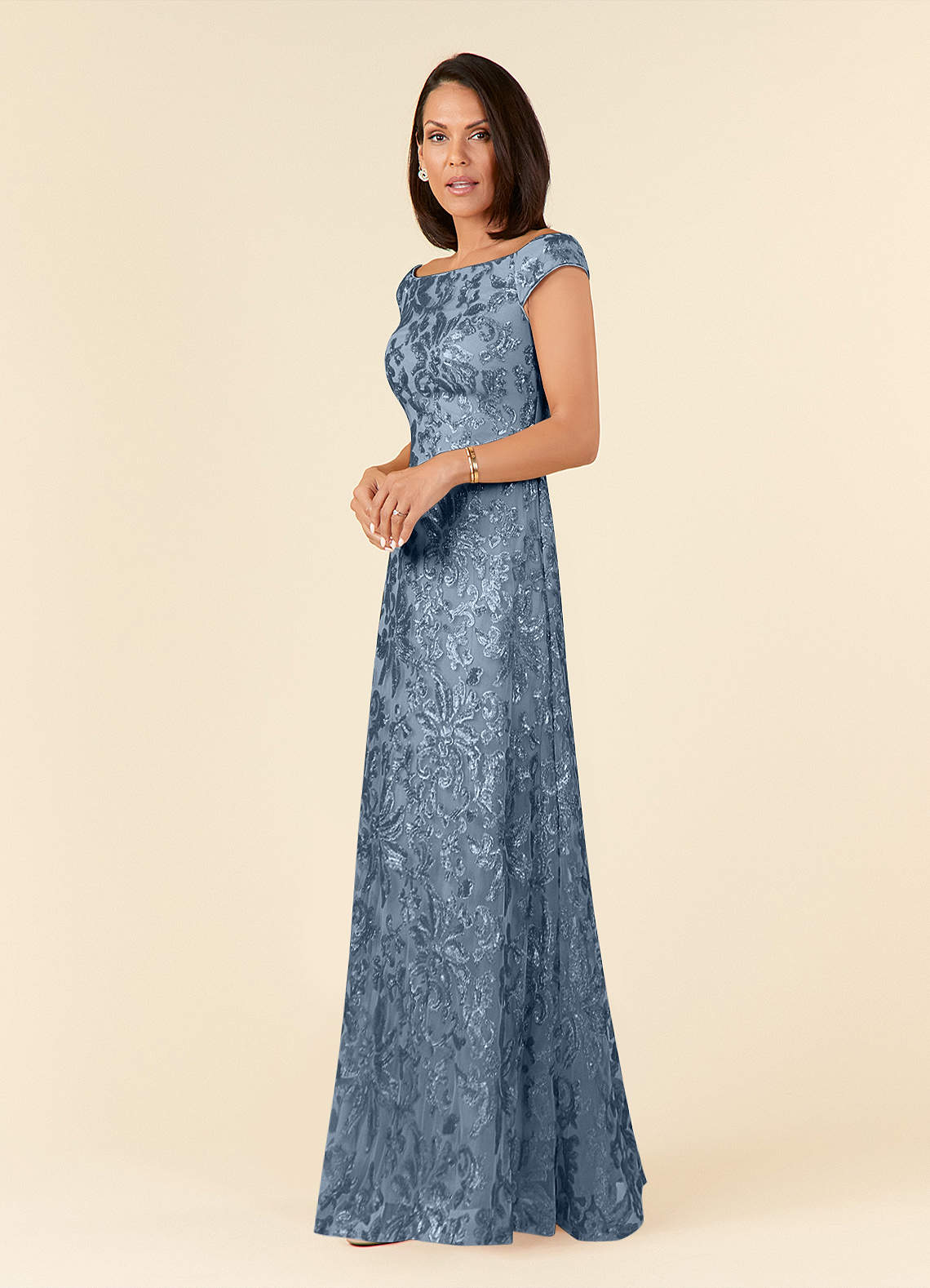 Porcelain A-Line Off-the-Shoulder Lace Mother of the Bride Dress in dusty blue