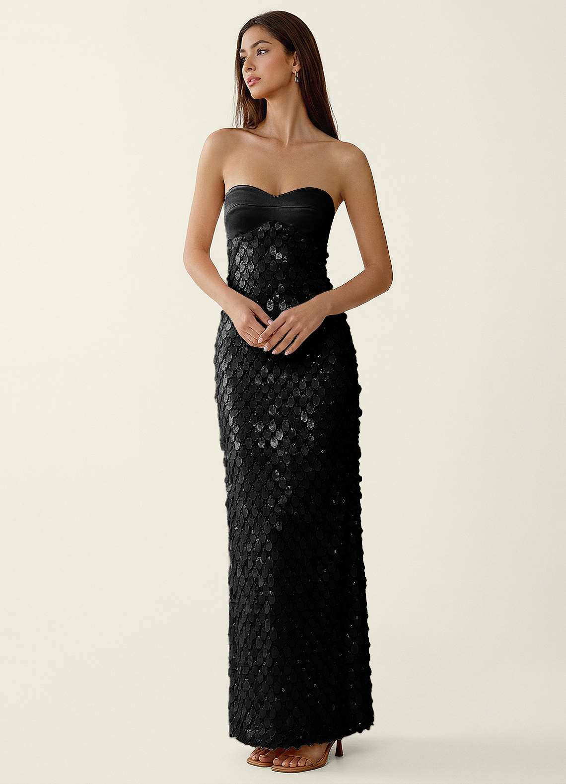 Mentino Strapless 3D Floral Lace Prom Dress in Black