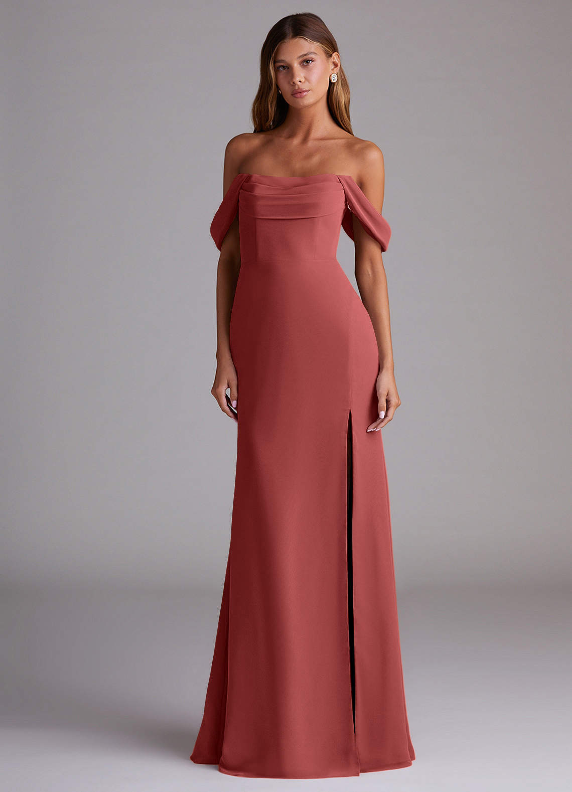Saige A-Line Off-the-Shoulder Chiffon Bridesmaid Dress in Terracotta