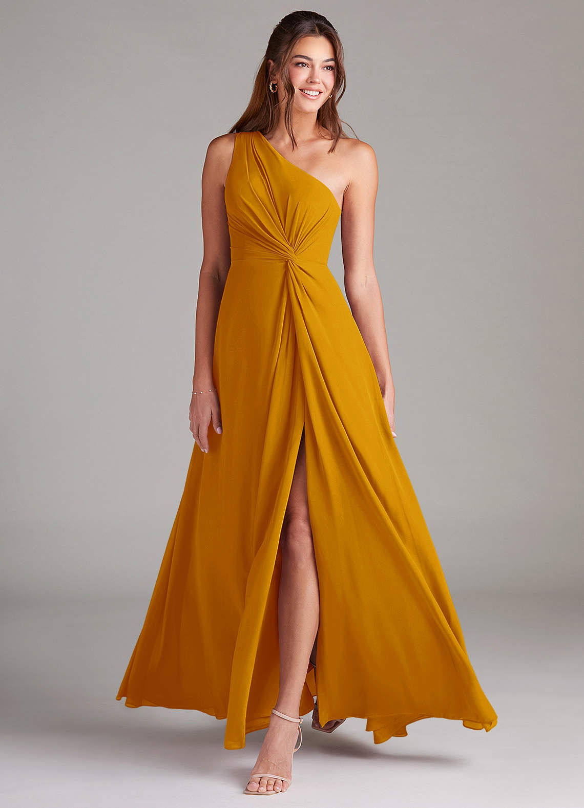 Brooke A-Line One-Shoulder Chiffon Bridesmaid Dress in butterscotch