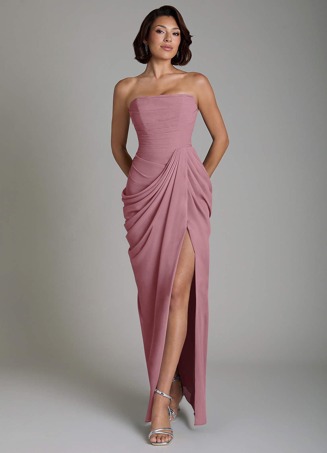 Nyra Sheath Strapless Chiffon Bridesmaid Dress in Vintage Mauve