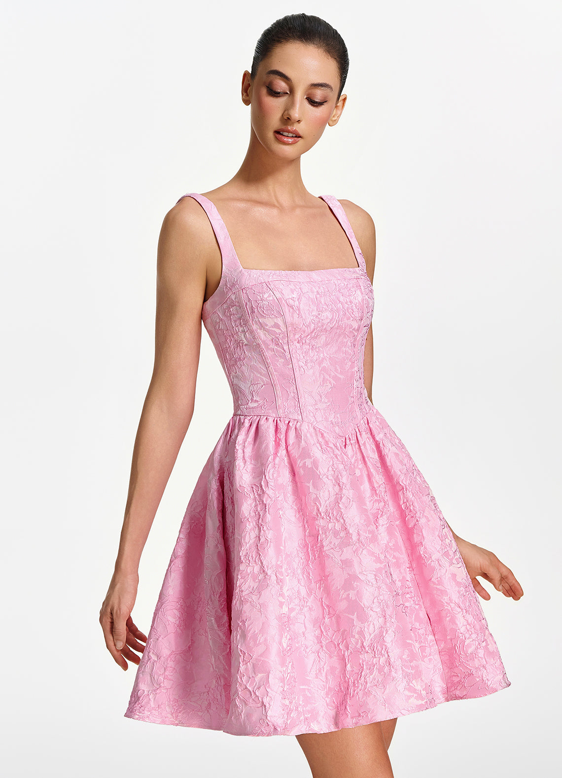 Lionelle Skater Mini Square-Neck Jacquard Prom Dress in Pink - photo 3