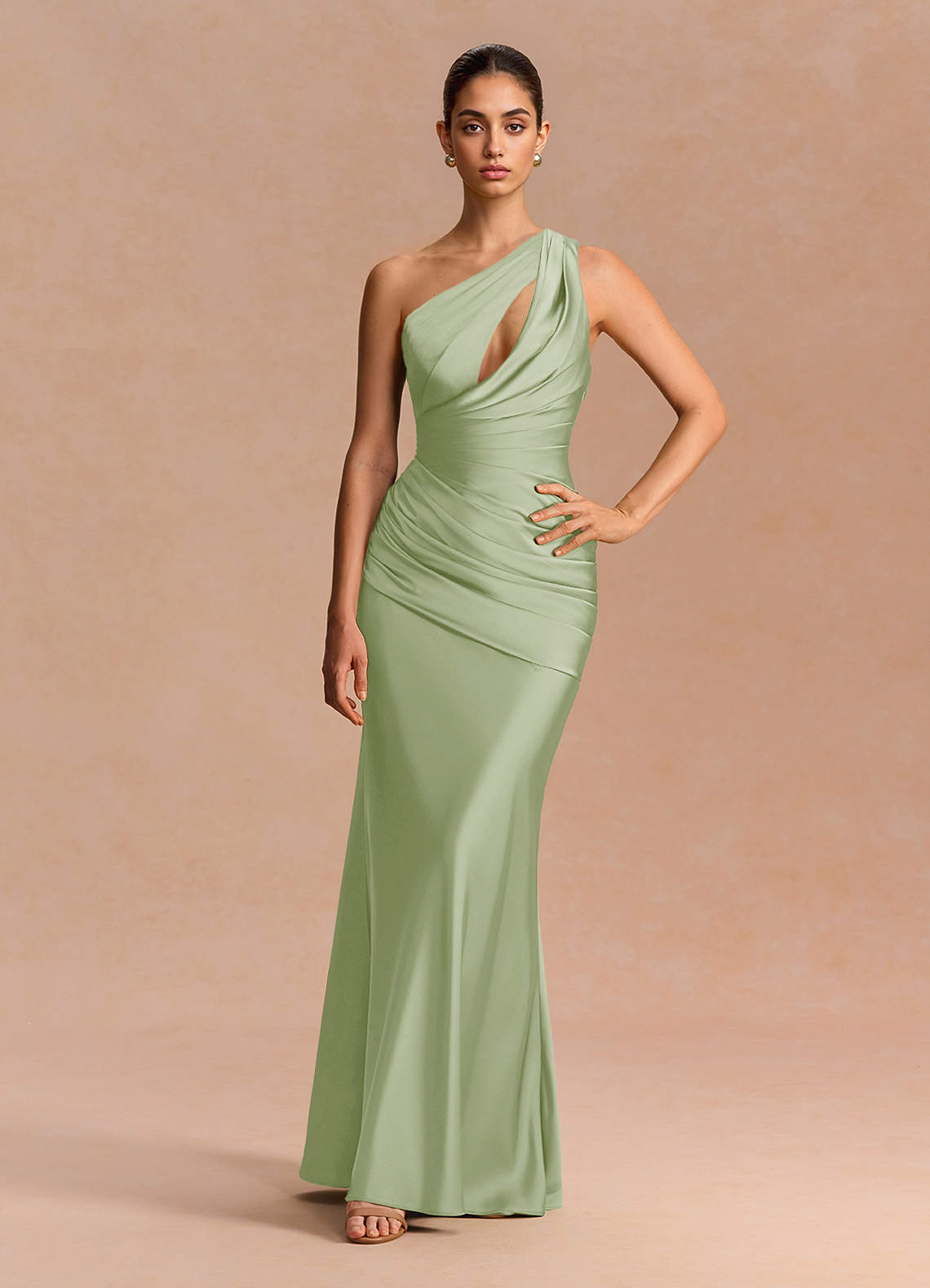 Guinevere One-Shoulder Cutout Stretch Satin Evening Dress in Light Green