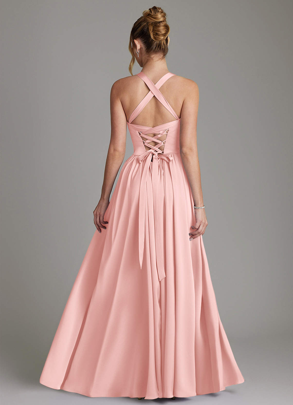 Francis A-Line V-Neck Stretch Satin Bridesmaid Dress in Powder Pink