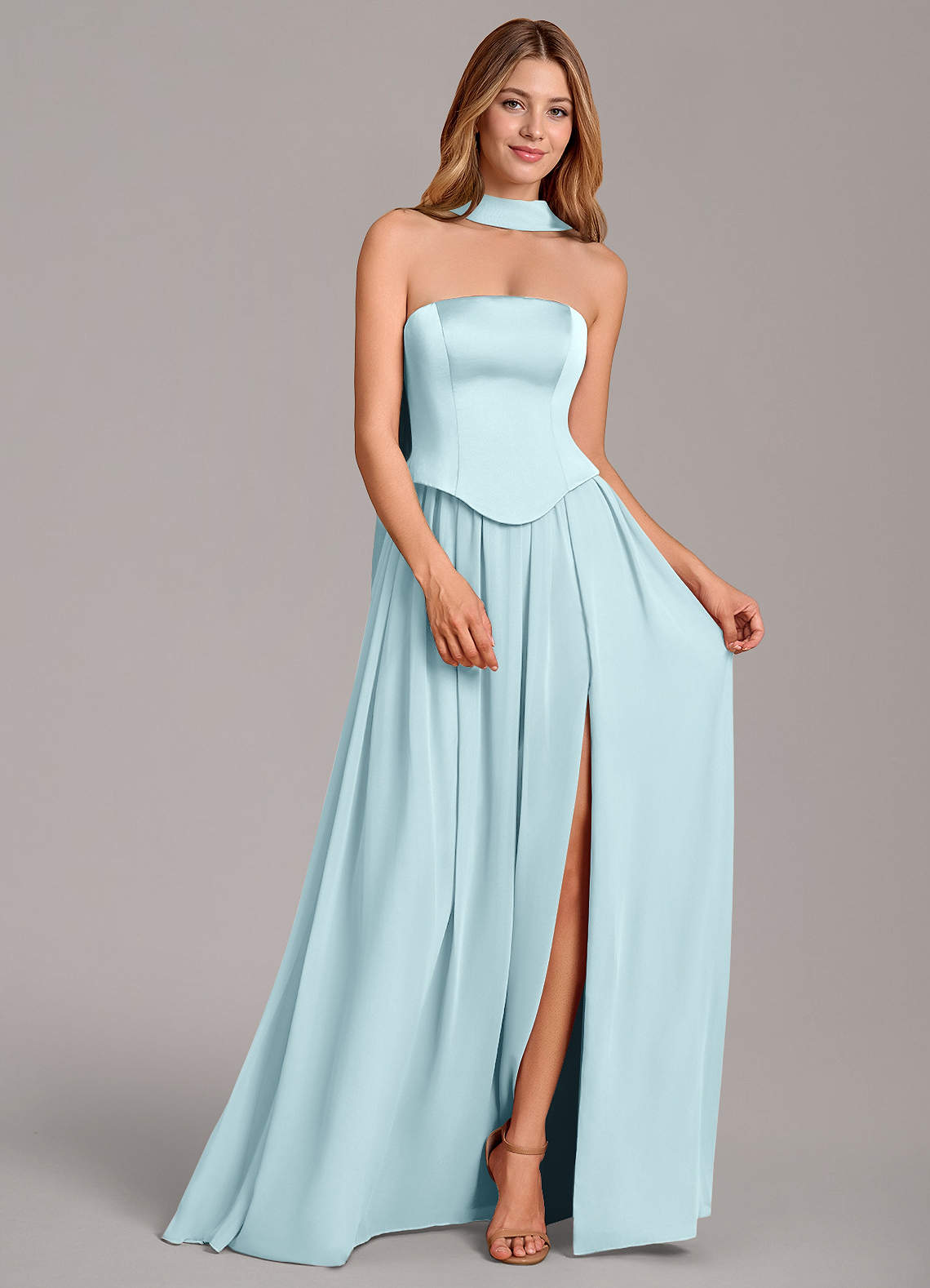 Cadence A-Line Strapless Chiffon and Stretch Satin Bridesmaid Dress in Cloud Blue