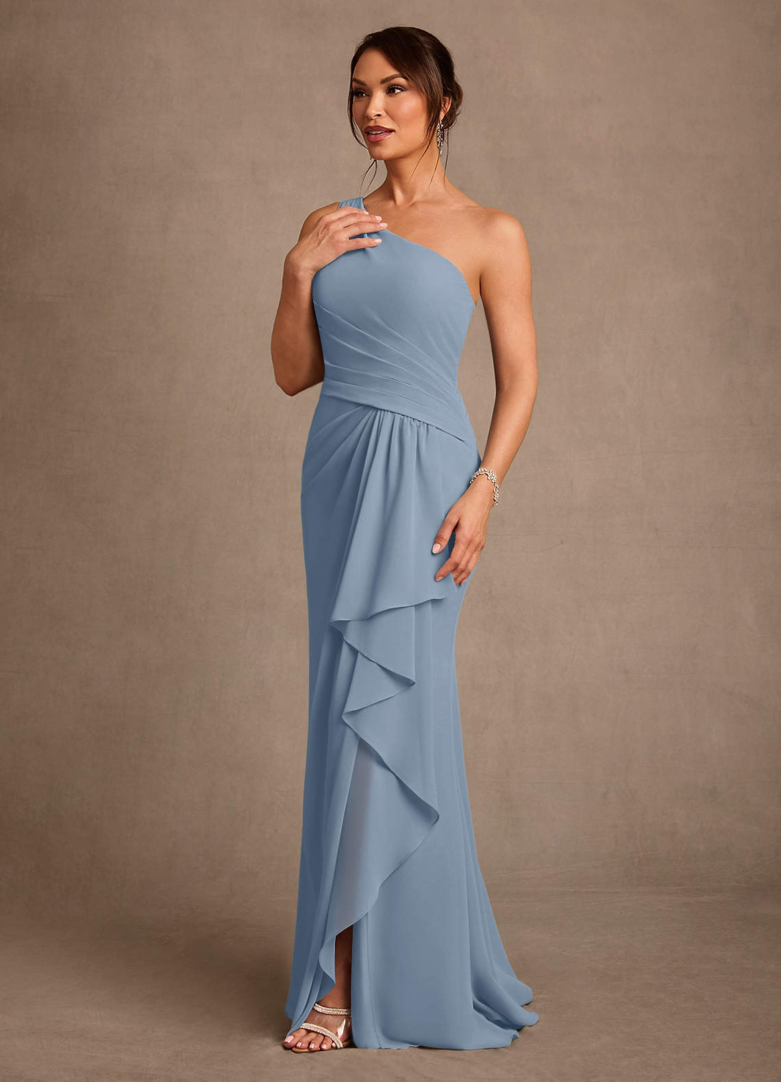 Floy Sheath One-Shoulder Chiffon Mother of the Bride Dress in dusty blue