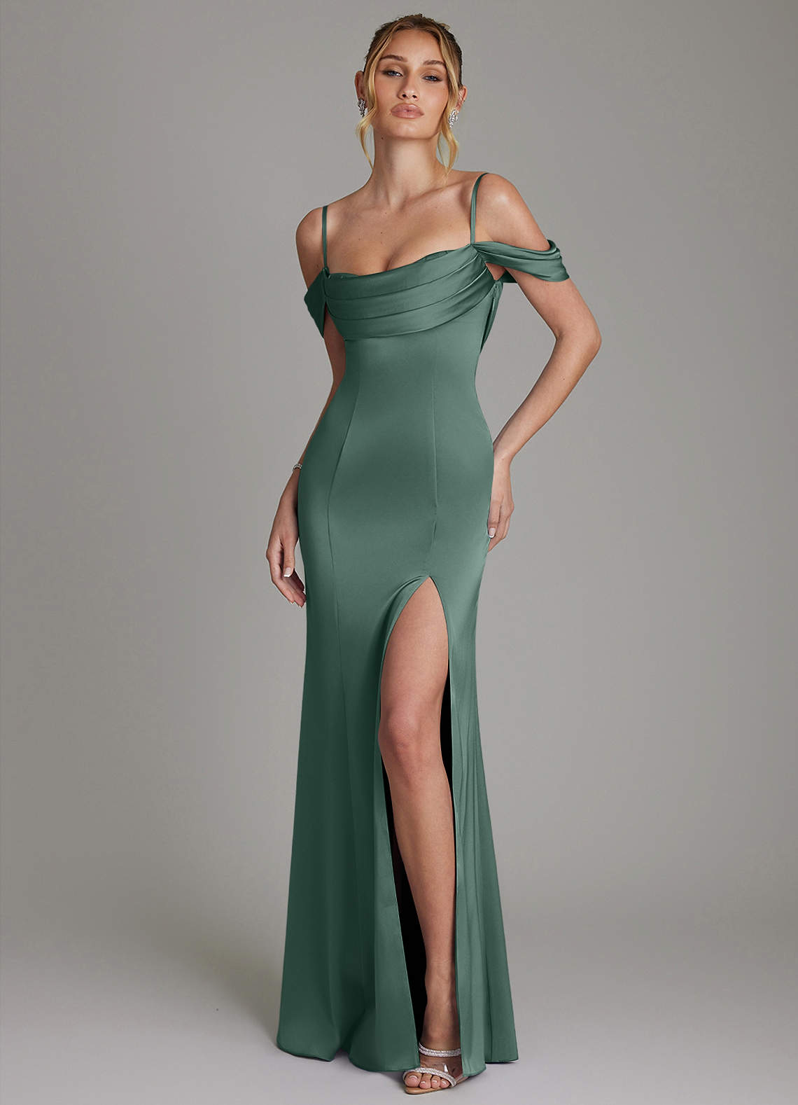 Nira Mermaid Sweetheart Stretch Satin Bridesmaid Dress in Eucalyptus
