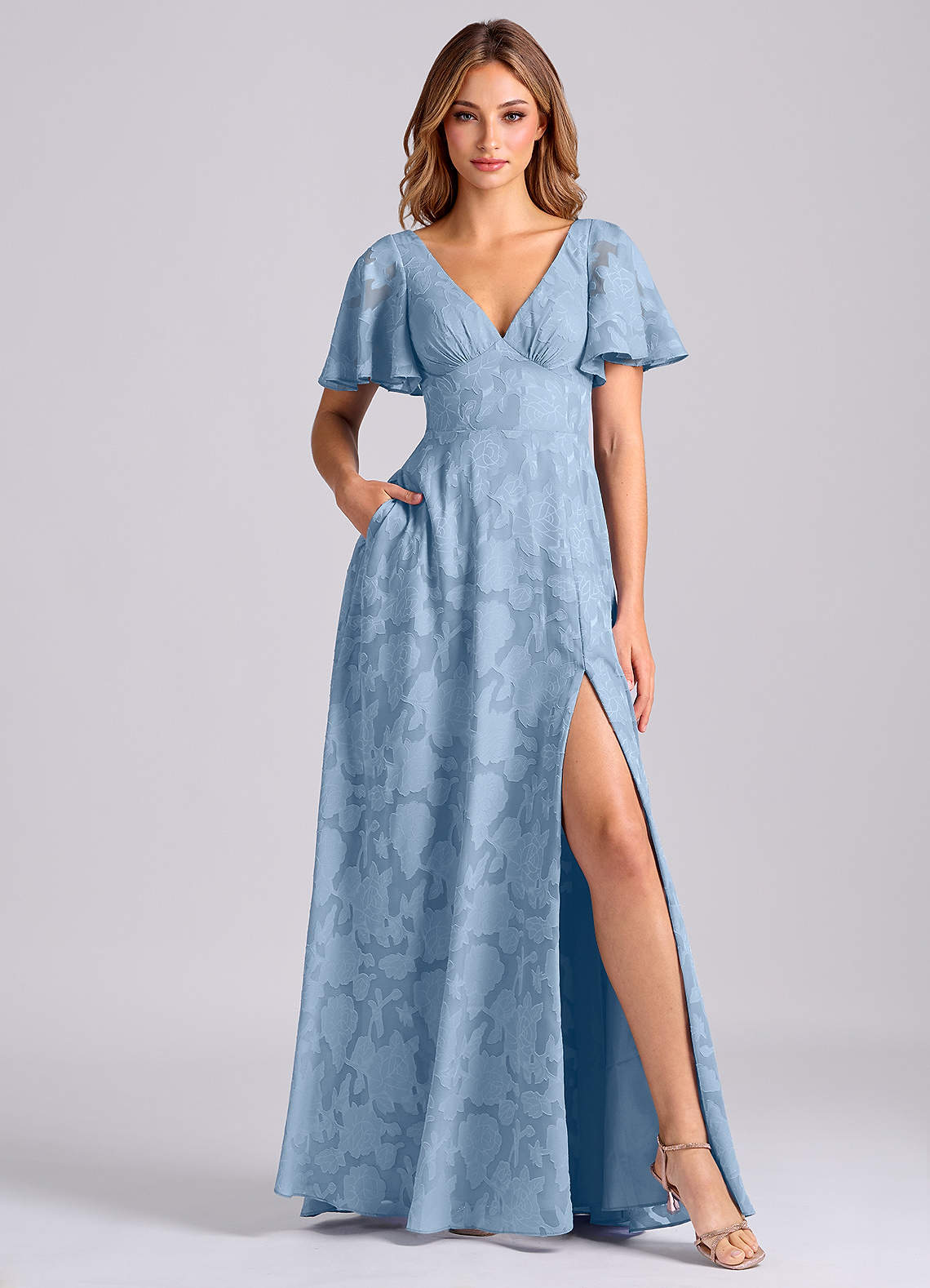 Kimber A-Line V-Neck Floral Burnout Bridesmaid Dress in Powder Blue