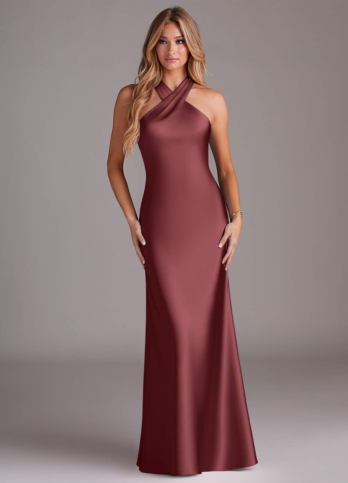 Doretta Mermaid Halter Stretch Satin Bridesmaid Dress in Merlot