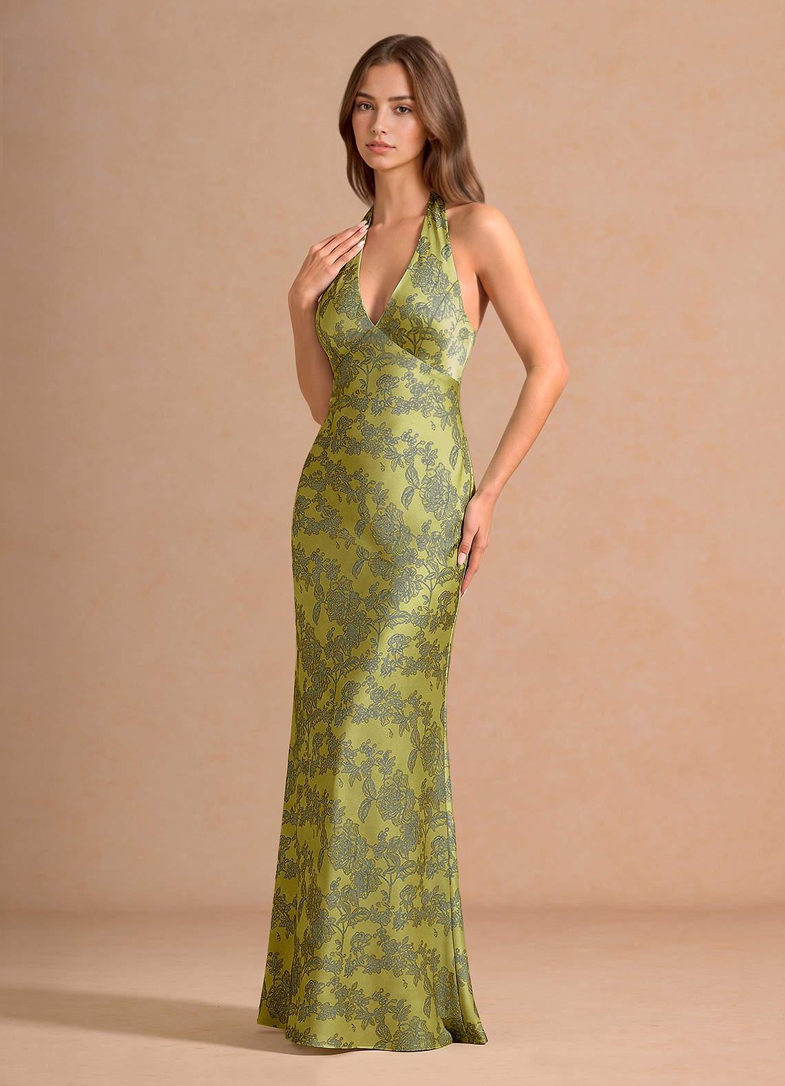 Ottoline Plunging V-Neck Open-Back Jacquard Evening Dress in Moss Navy
