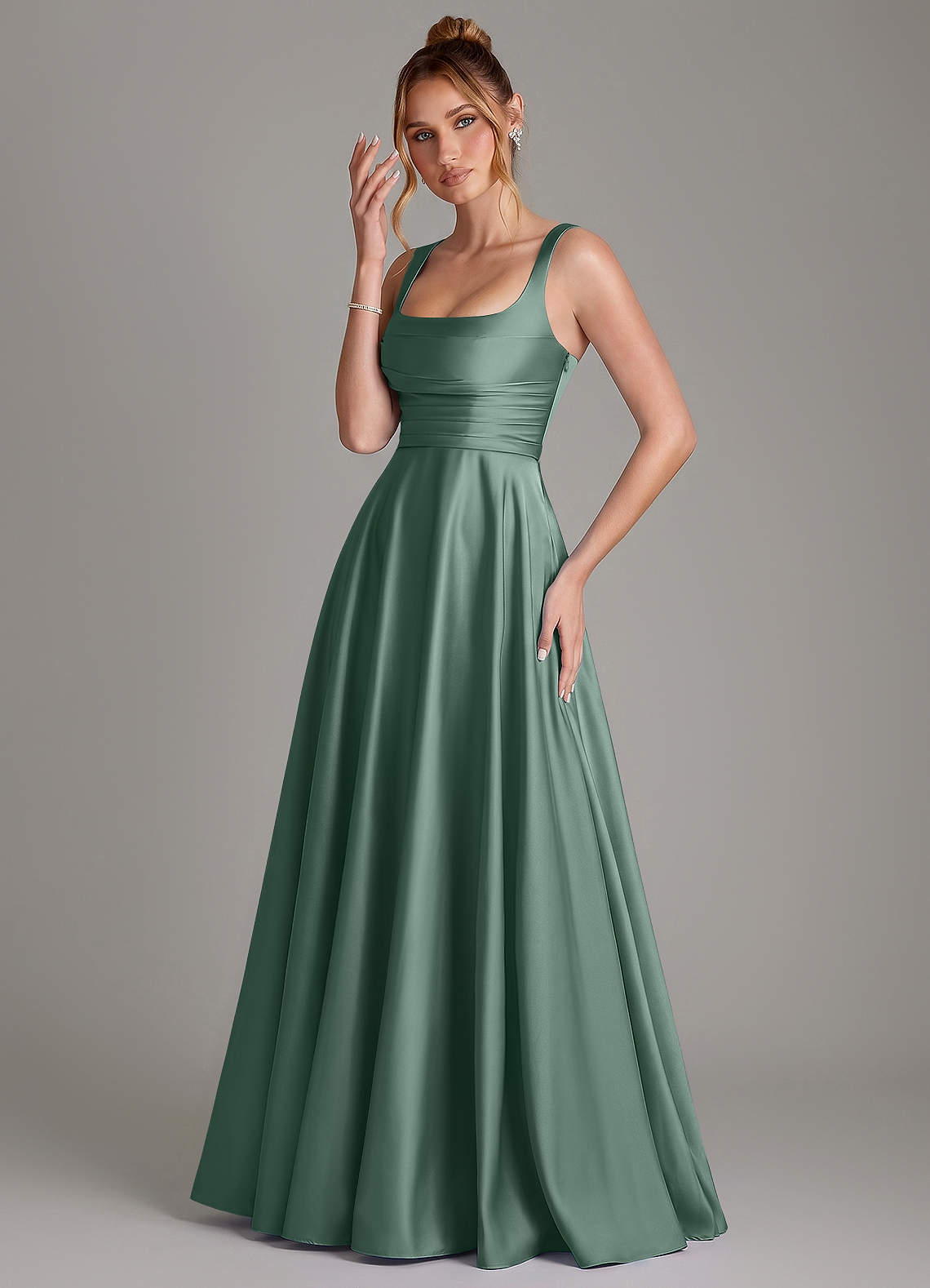 Azaria A-Line Square-Neck Stretch Satin Bridesmaid Dress in Eucalyptus