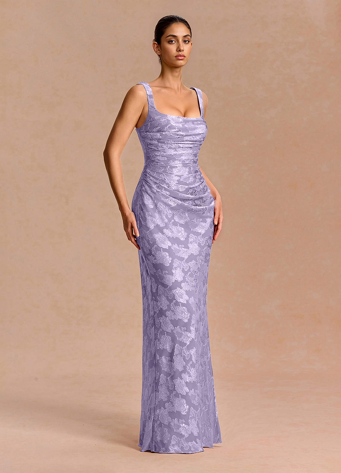 Agustina Square-Neck Pleated Fil Coupé Evening Dress in Lemon Sorbet