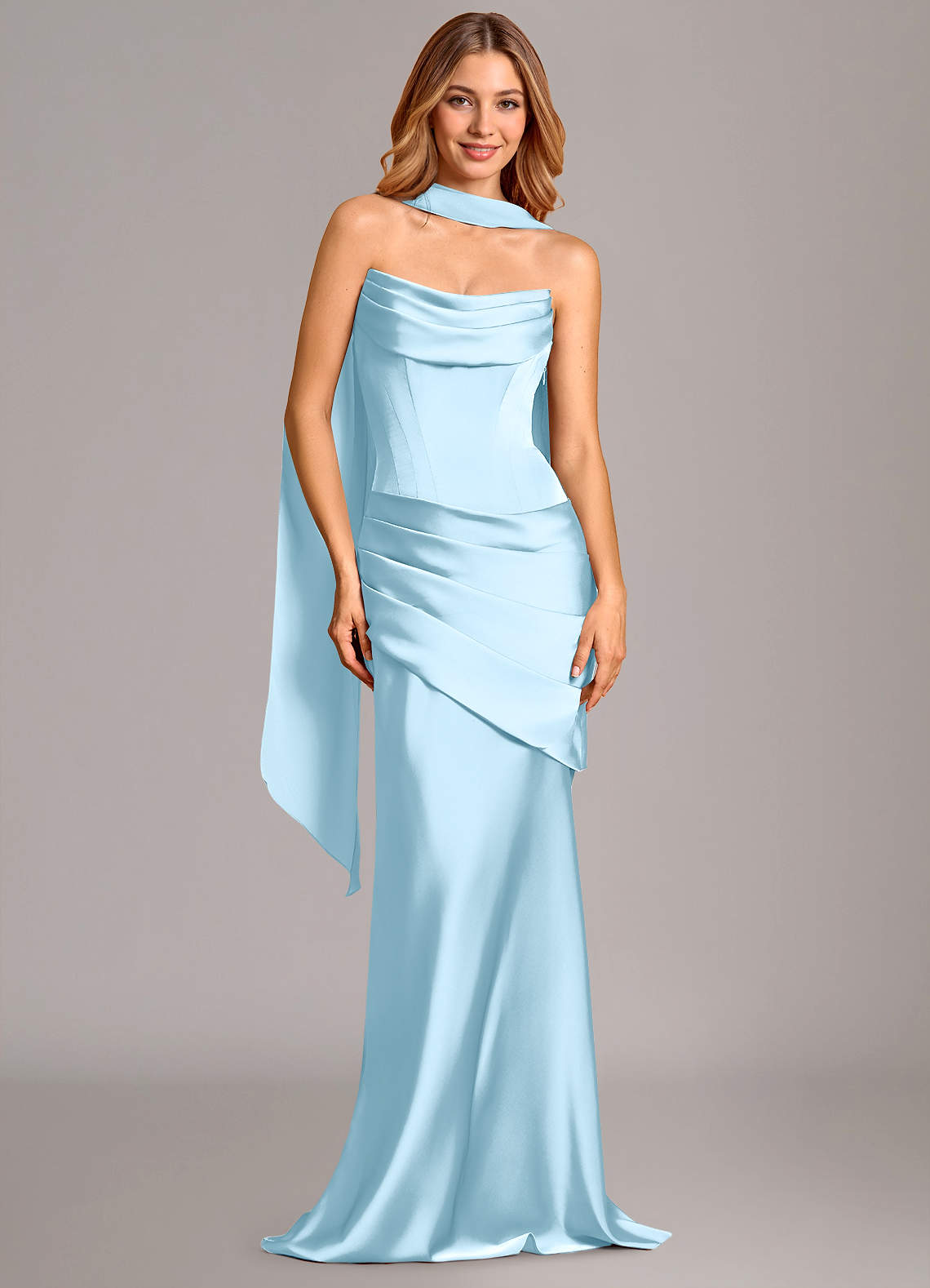 Pelagia Mermaid Cowl-Neck Stretch Satin Bridesmaid Dress in Sky Blue