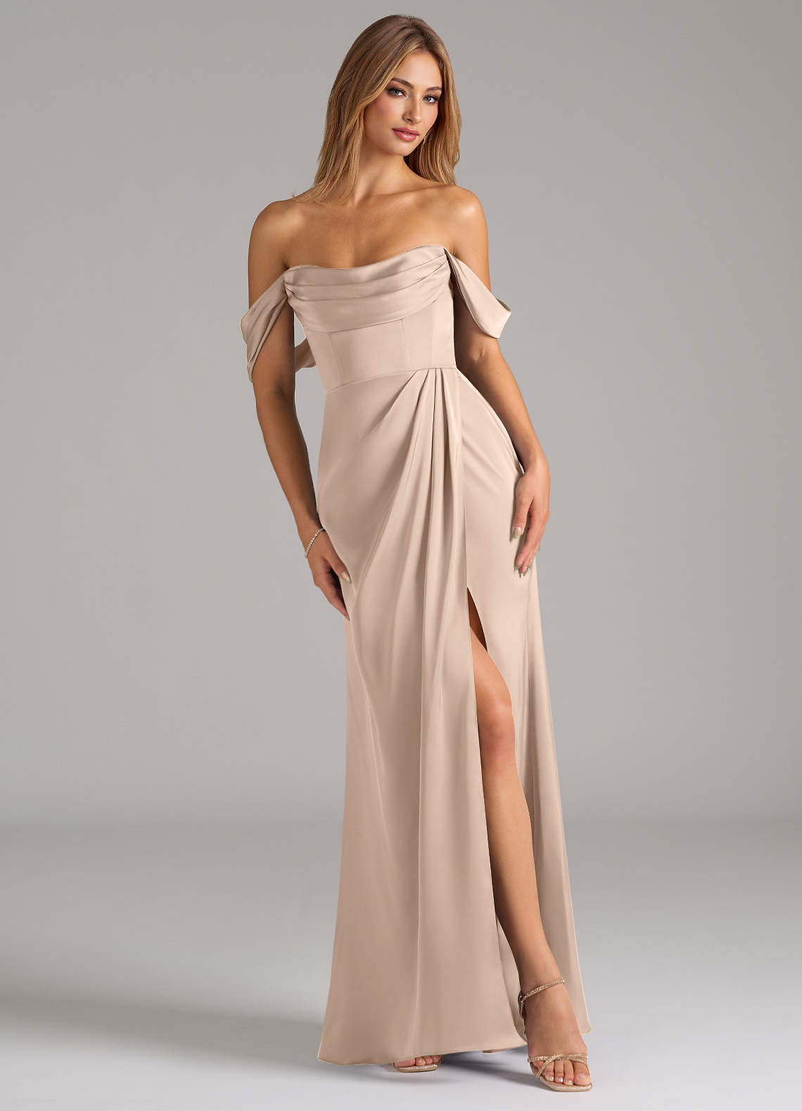 Johana Mermaid Off-the-Shoulder Stretch Satin Bridesmaid Dress in English Rose