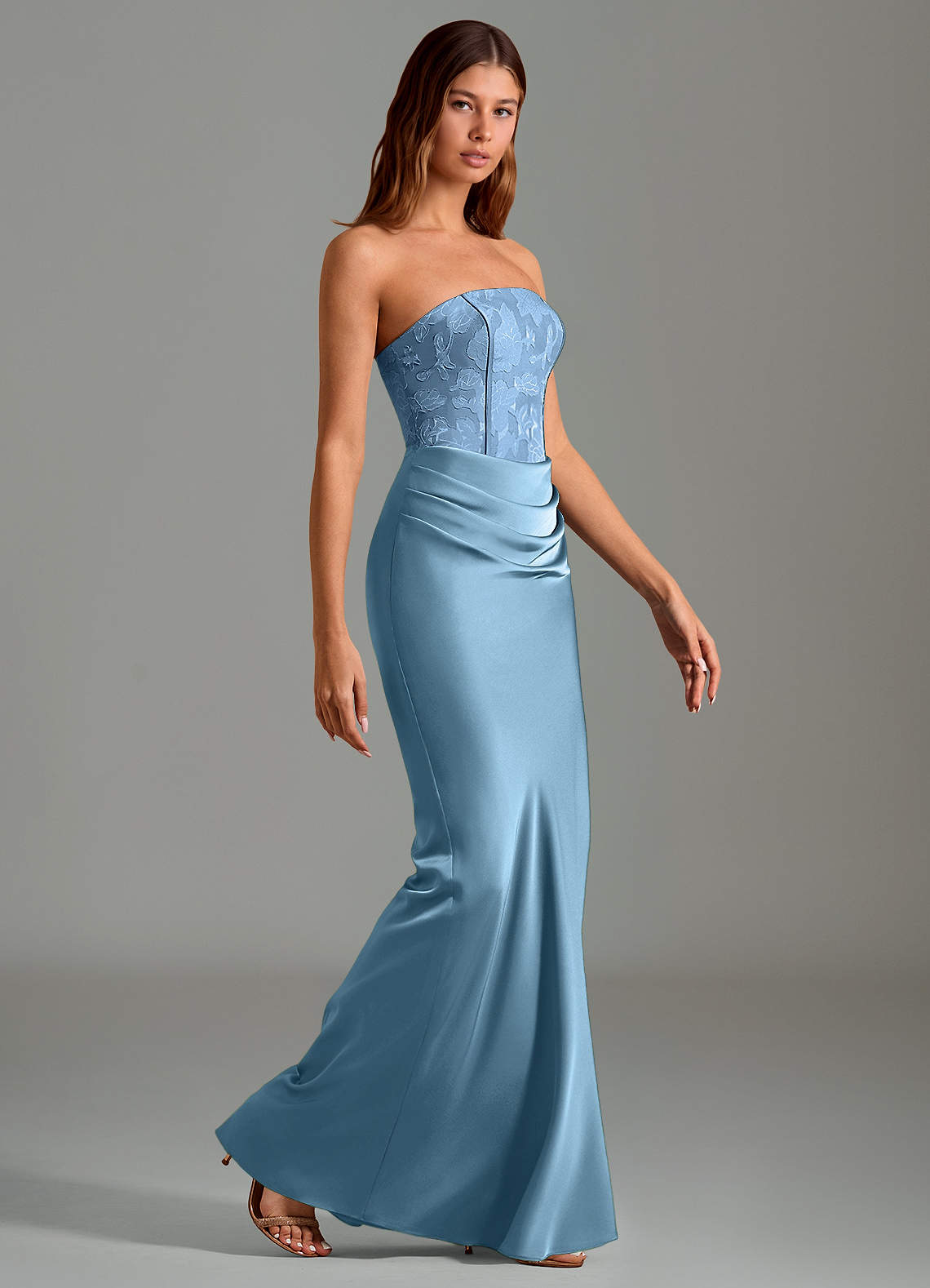 Emilia Mermaid Strapless Stretch Satin and Floral Burnout Bridesmaid Dress in Steel Blue