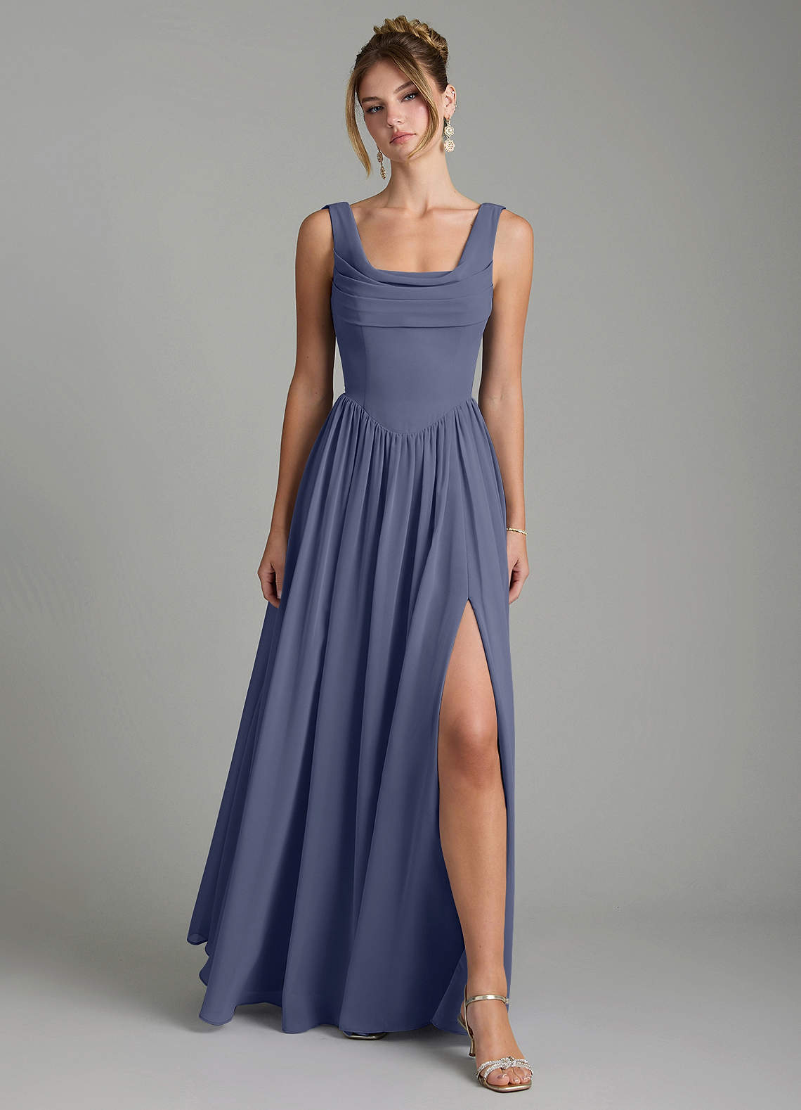 Novi A-Line Square-Neck Chiffon Bridesmaid Dress in Stormy