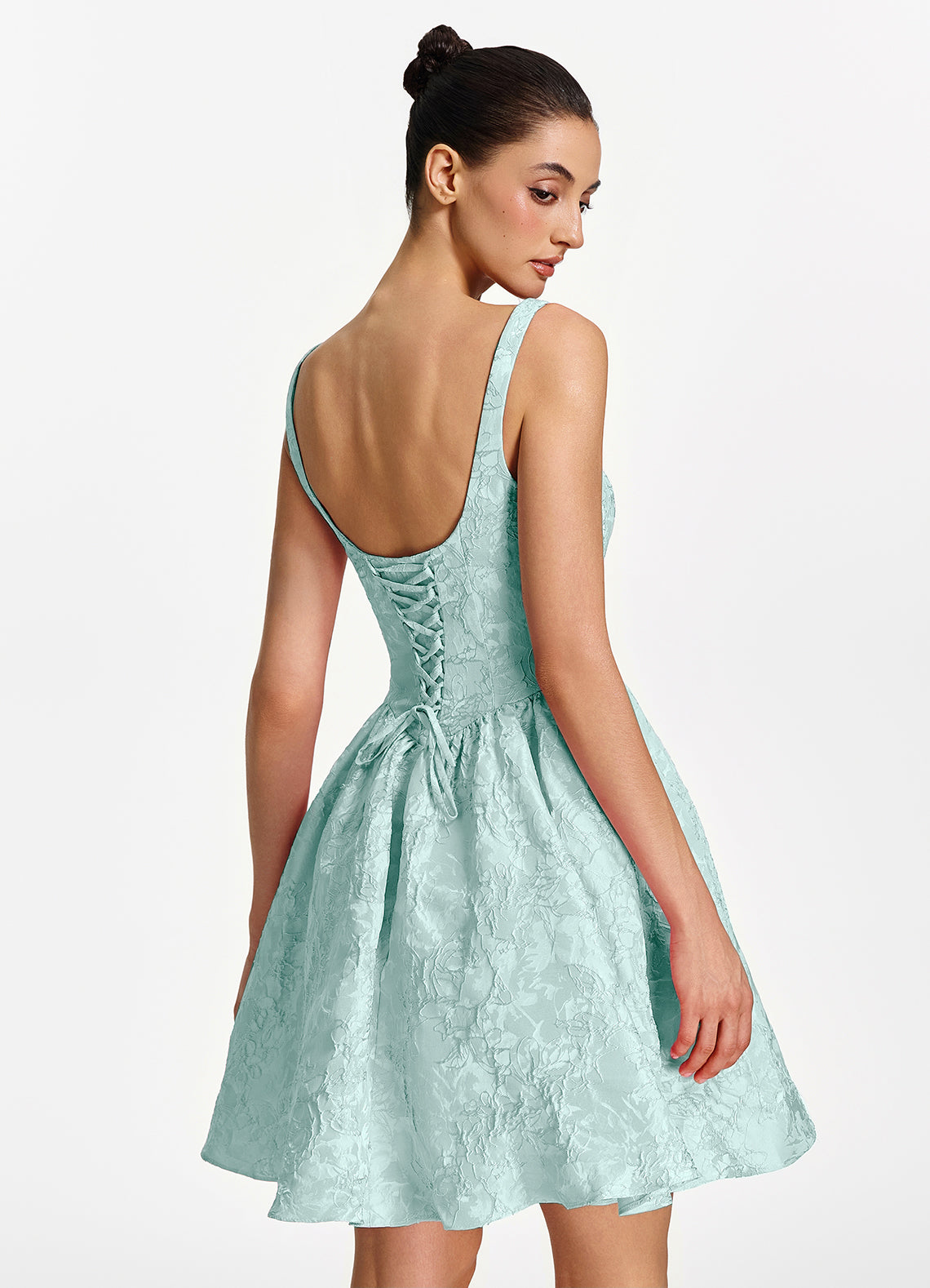 Lionelle Skater Mini Square-Neck Jacquard Prom Dress in Mint Green - photo 2