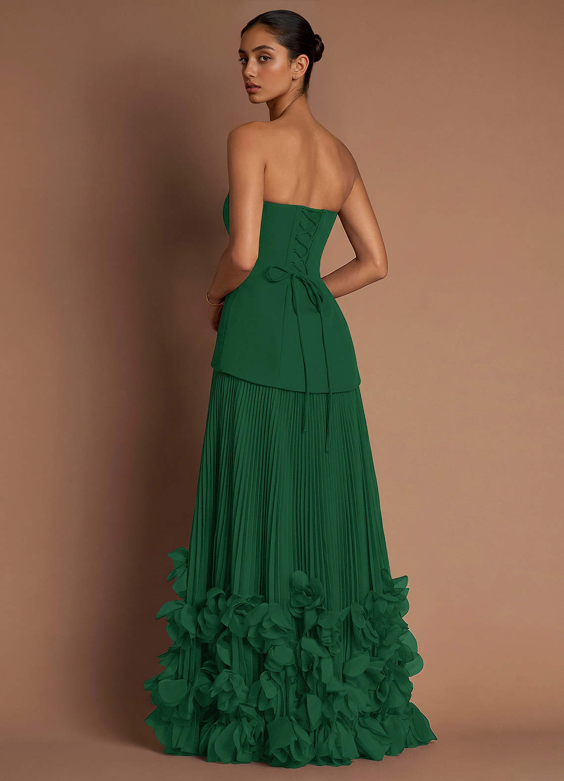 Marnie A-Line Corset Crepe Chiffon Evening Dress in Emerald Green