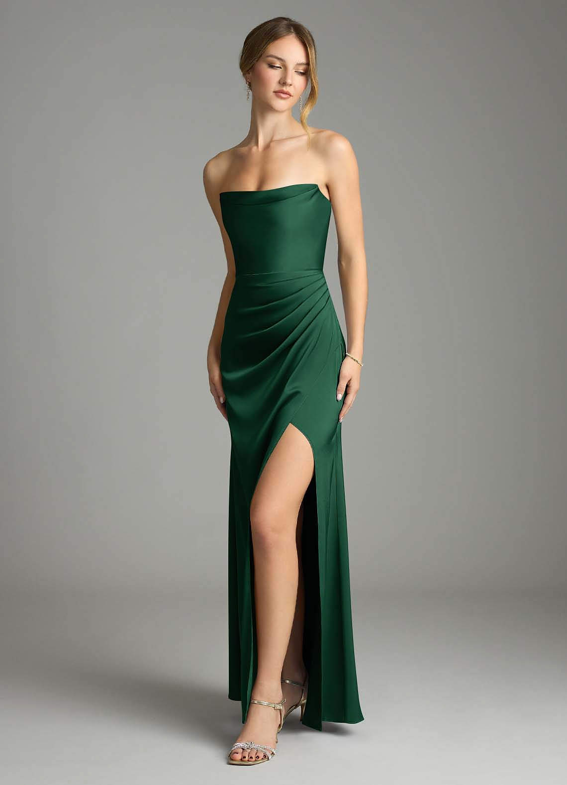 Leonis Mermaid Cowl-Neck Stretch Satin Bridesmaid Dress in Dark Green