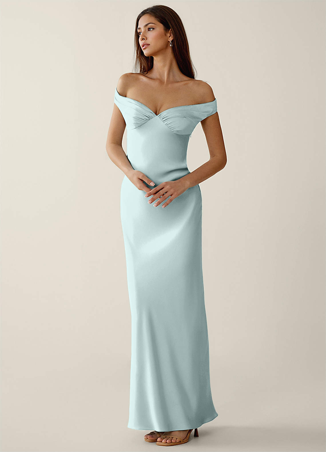 Gwendonme Sheath Off-the-Shoulder Satin Crystal Linen Evening Dress in Pistachio