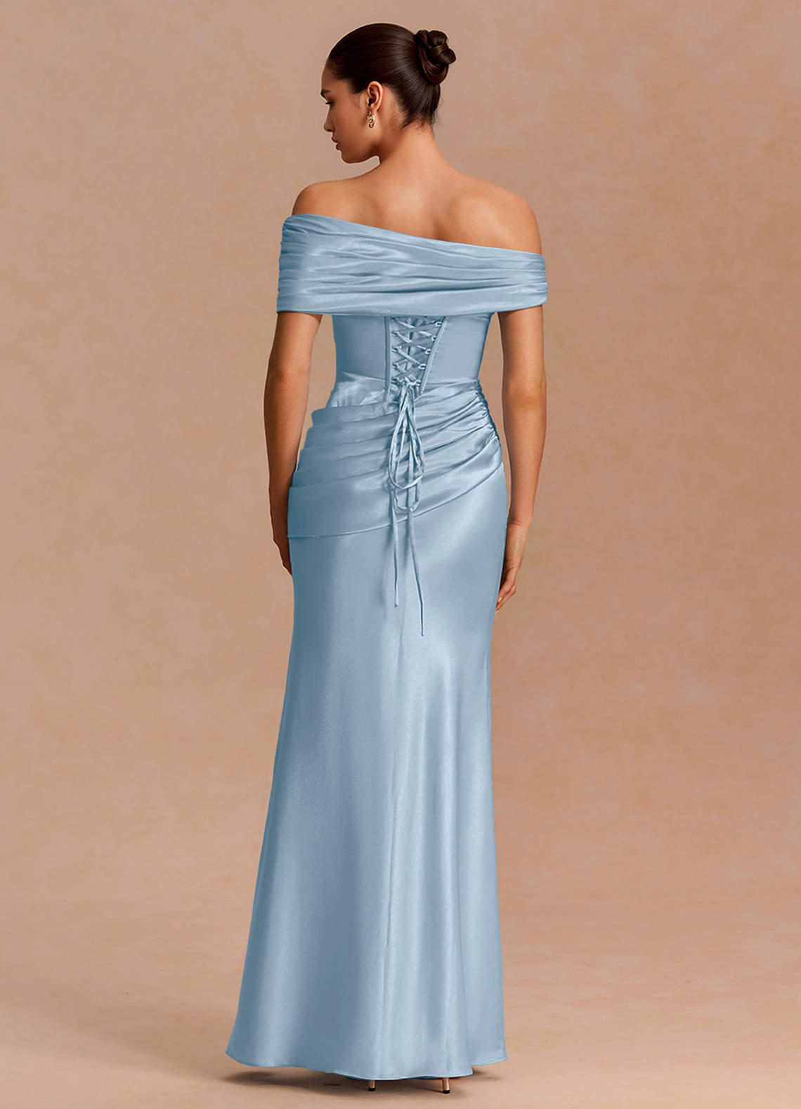 Leonie Strapless Draped-Shoulder Satin Evening Dress in Sky Blue