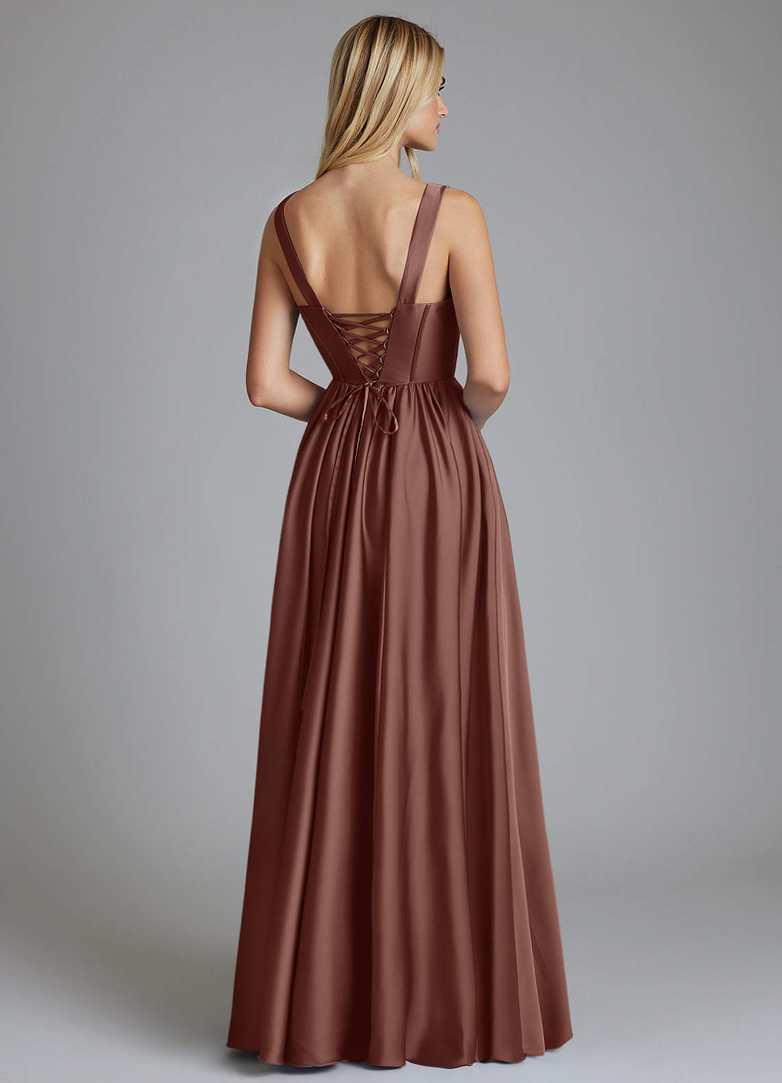 Delmie A-Line V-Neck Stretch Satin Bridesmaid Dress in Espresso