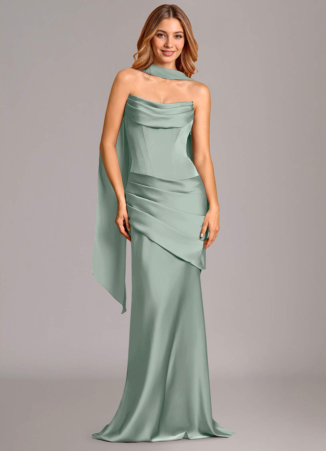 Pelagia Mermaid Cowl-Neck Stretch Satin Bridesmaid Dress in Agave