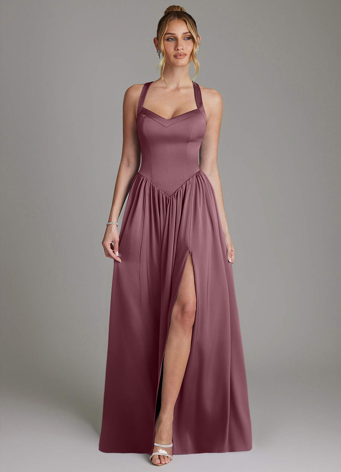 Francis A-Line V-Neck Stretch Satin Bridesmaid Dress in Amethyst