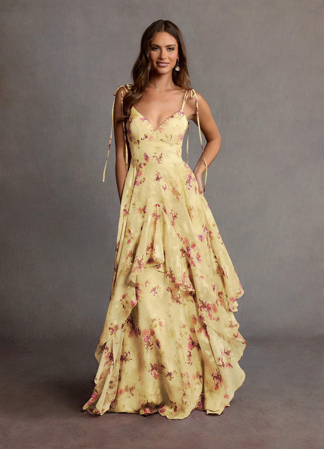 Harmony A-Line V-Neck Floral Fil Coupé Wedding Guest Dress in Light Yellow