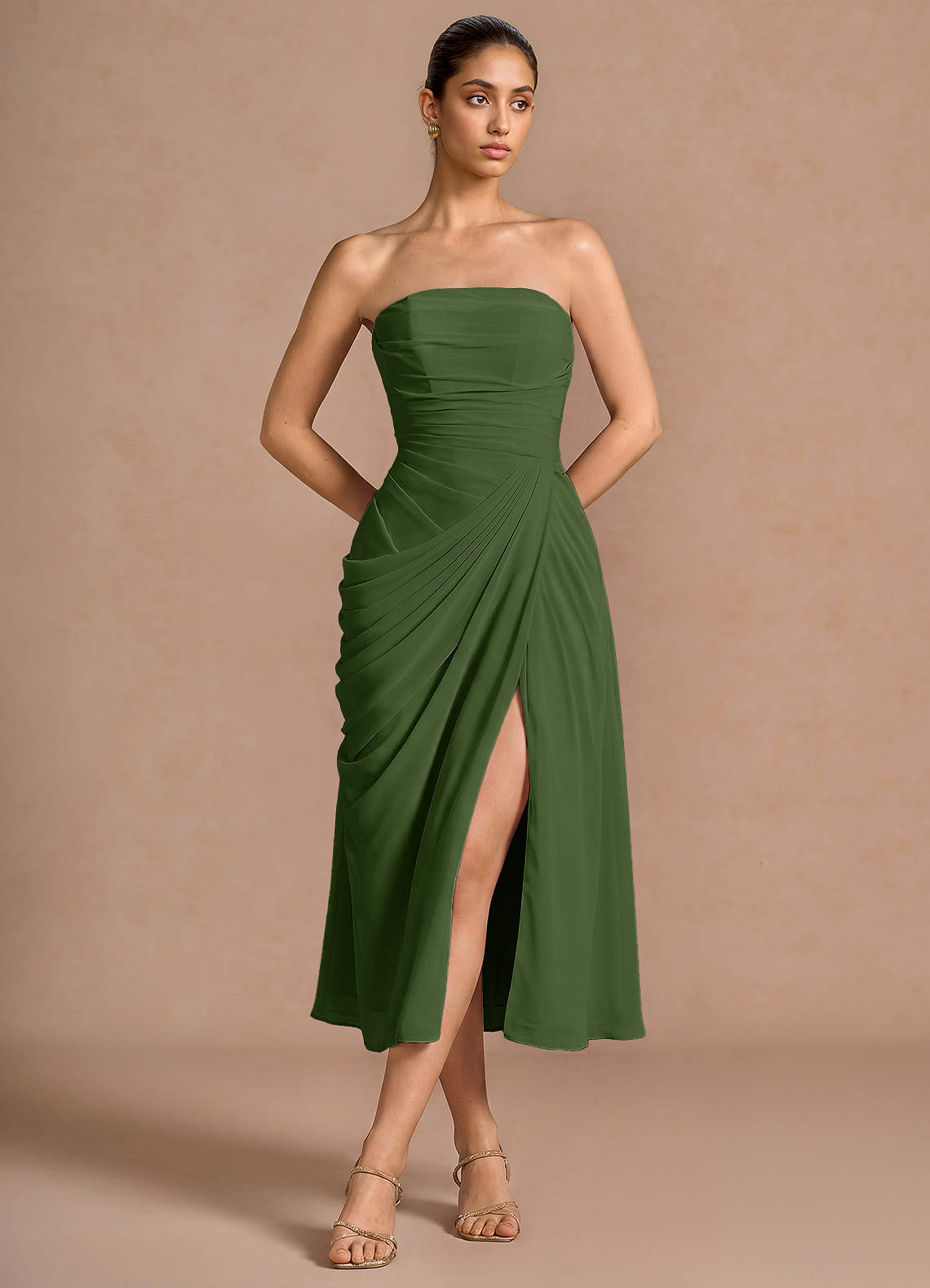 Kaavia Column Pleated Chiffon Midi Evening Dress in Olive
