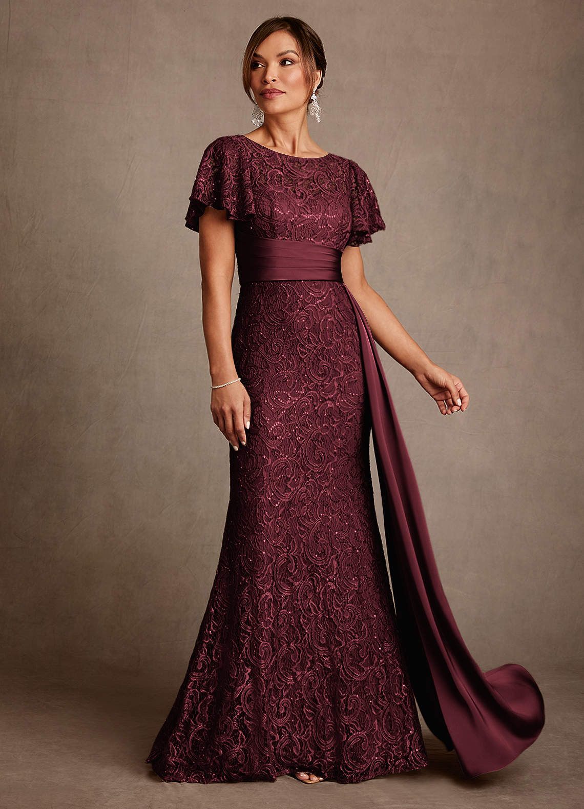 Harrison Mermaid Scoop-Neck Stretch Satin and Lace Mother of the Bride Dress in Cabernet