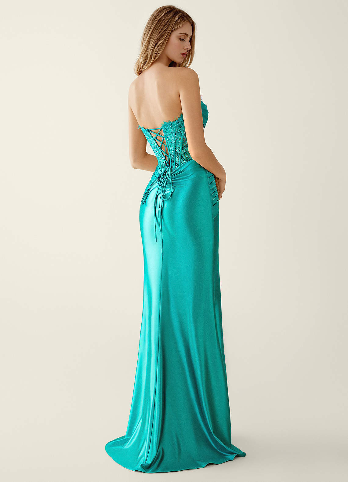 Sasha Mermaid Strapless Stretch Satin Evening Dress in Peacock Blue