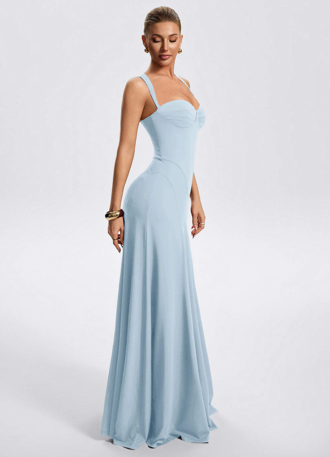 Zephira Fitted Sweetheart Godet Stretch Jersey Wedding Guest Dress in Sky Blue