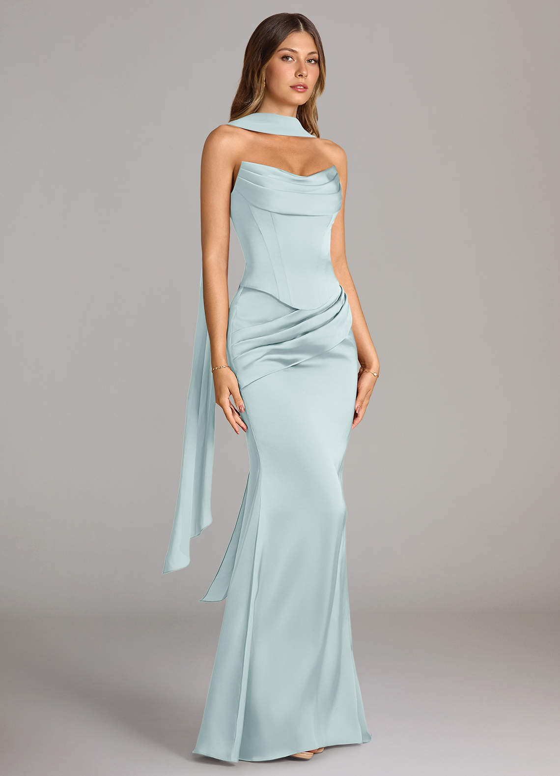 Sorrel Mermaid Cowl-Neck Stretch Satin and Chiffon Bridesmaid Dress