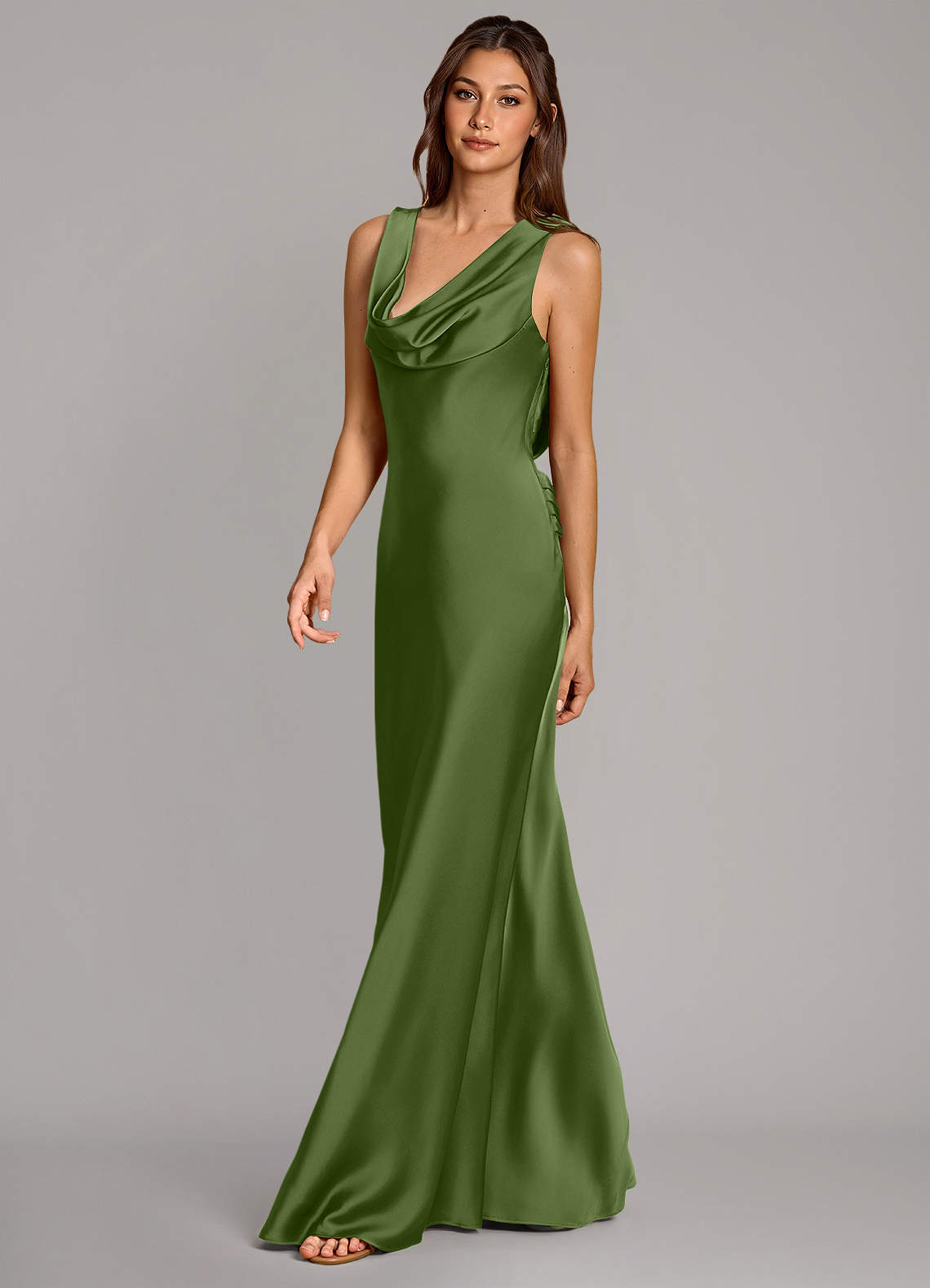 Cheryl Mermaid Cowl-Neck Stretch Satin Bridesmaid Dress in Juniper