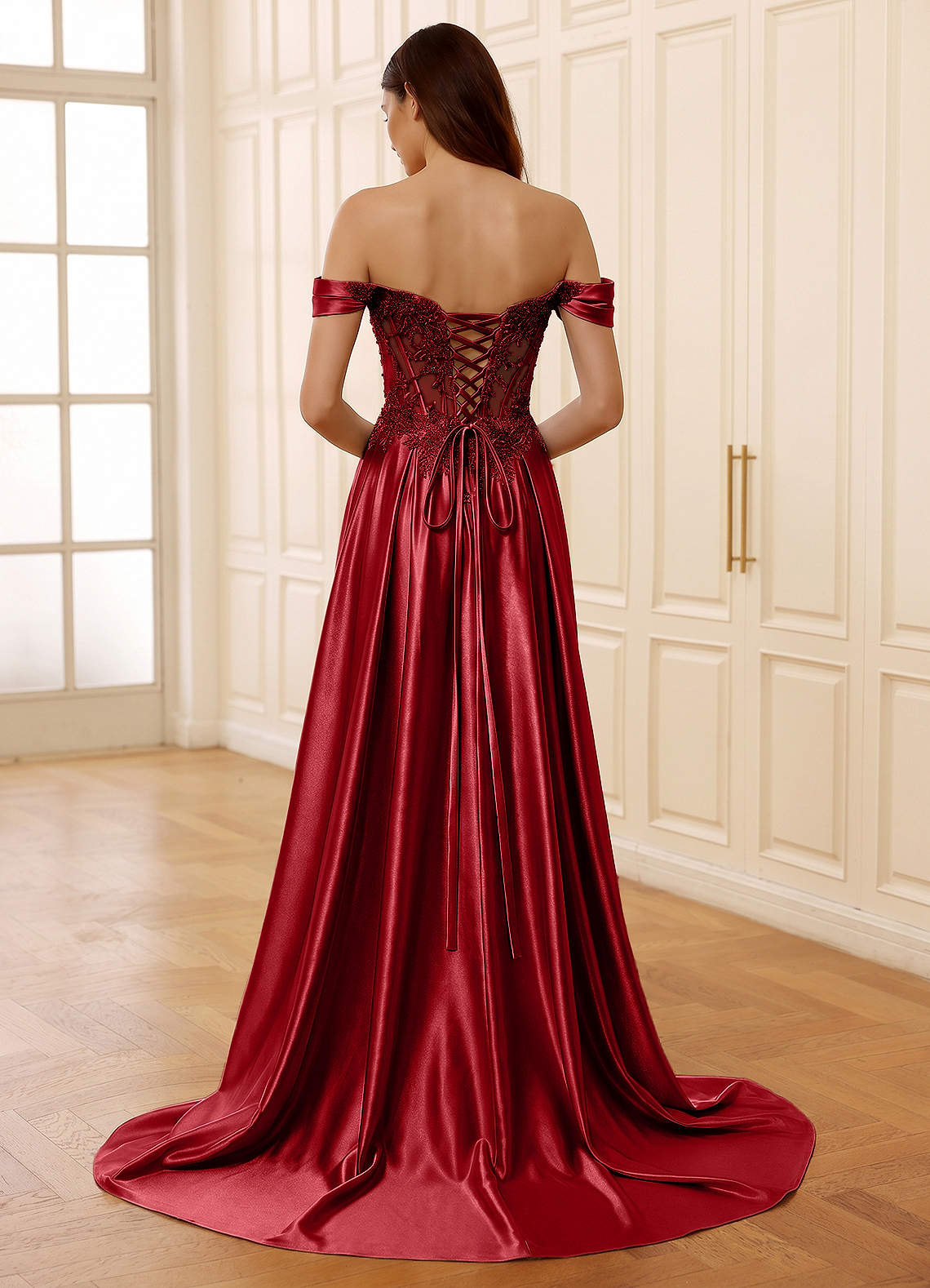 Rowane A-Line Off-the-Shoulder Satin Evening Dress in Red