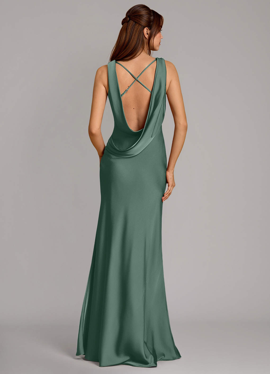 Cheryl Mermaid Cowl-Neck Stretch Satin Bridesmaid Dress in Eucalyptus