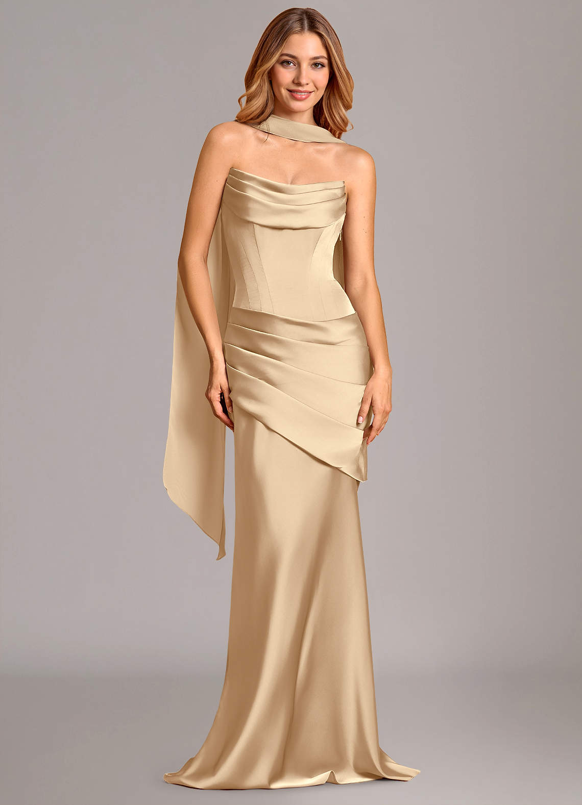 Pelagia Mermaid Cowl-Neck Stretch Satin Bridesmaid Dress in Champagne