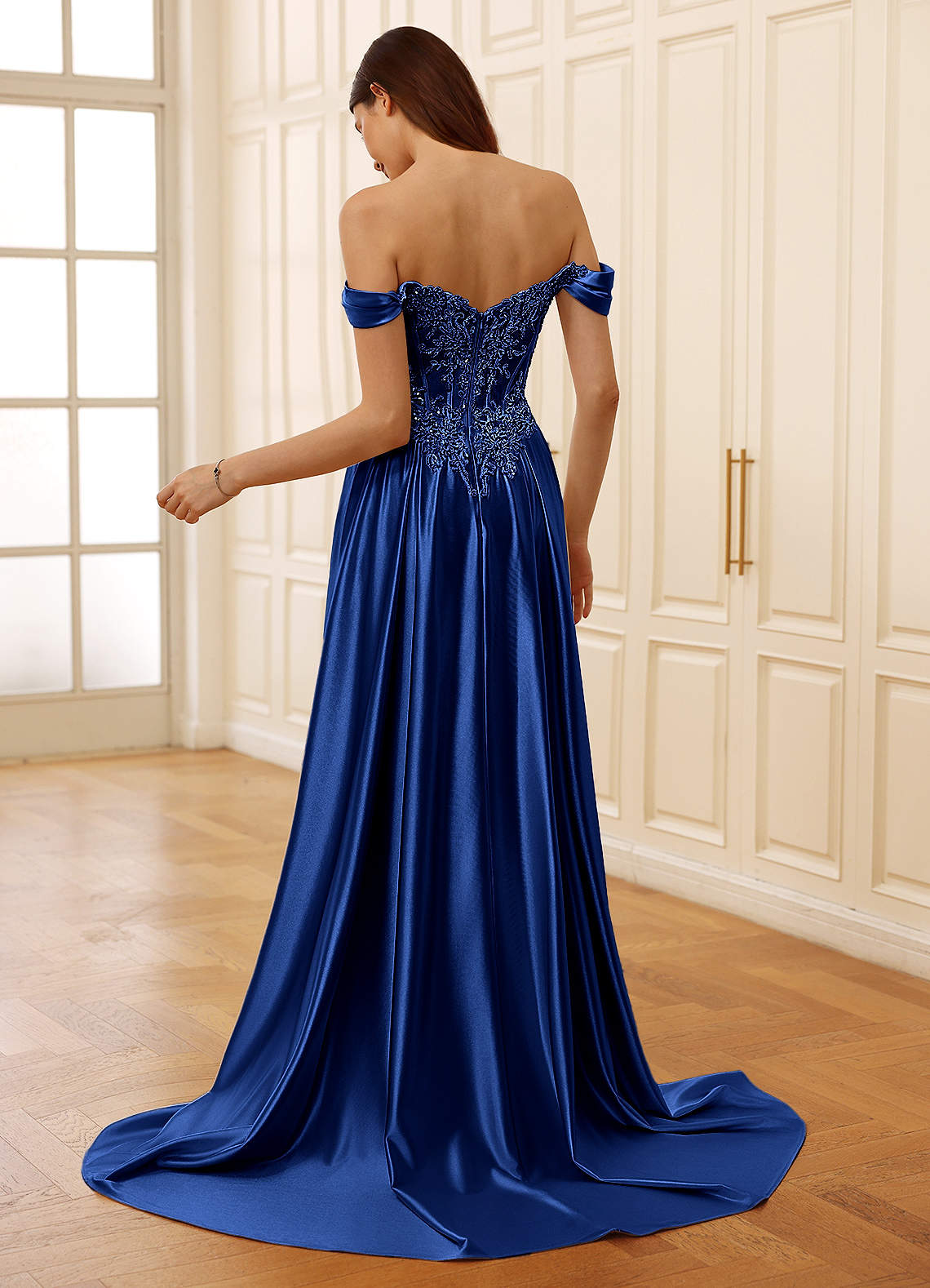 Rowane A-Line Off-the-Shoulder Satin Evening Dress in Plum