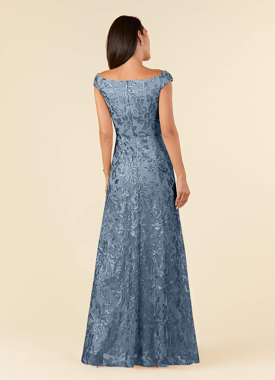 Porcelain A-Line Off-the-Shoulder Lace Mother of the Bride Dress in dusty blue