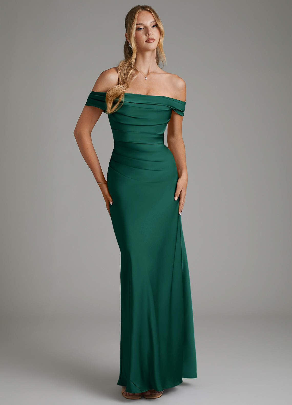 Hayden Mermaid Off-the-Shoulder Stretch Satin Bridesmaid Dress in Emerald
