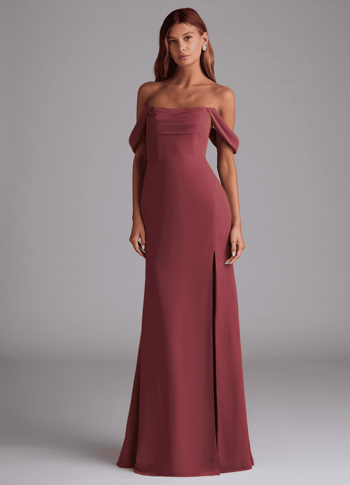 Saige A-Line Off-the-Shoulder Chiffon Bridesmaid Dress in Merlot