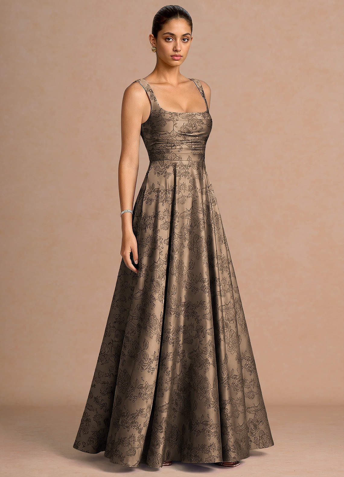 Azaria A-Line Square-Neck Jacquard Evening Dress in Coffee Brown