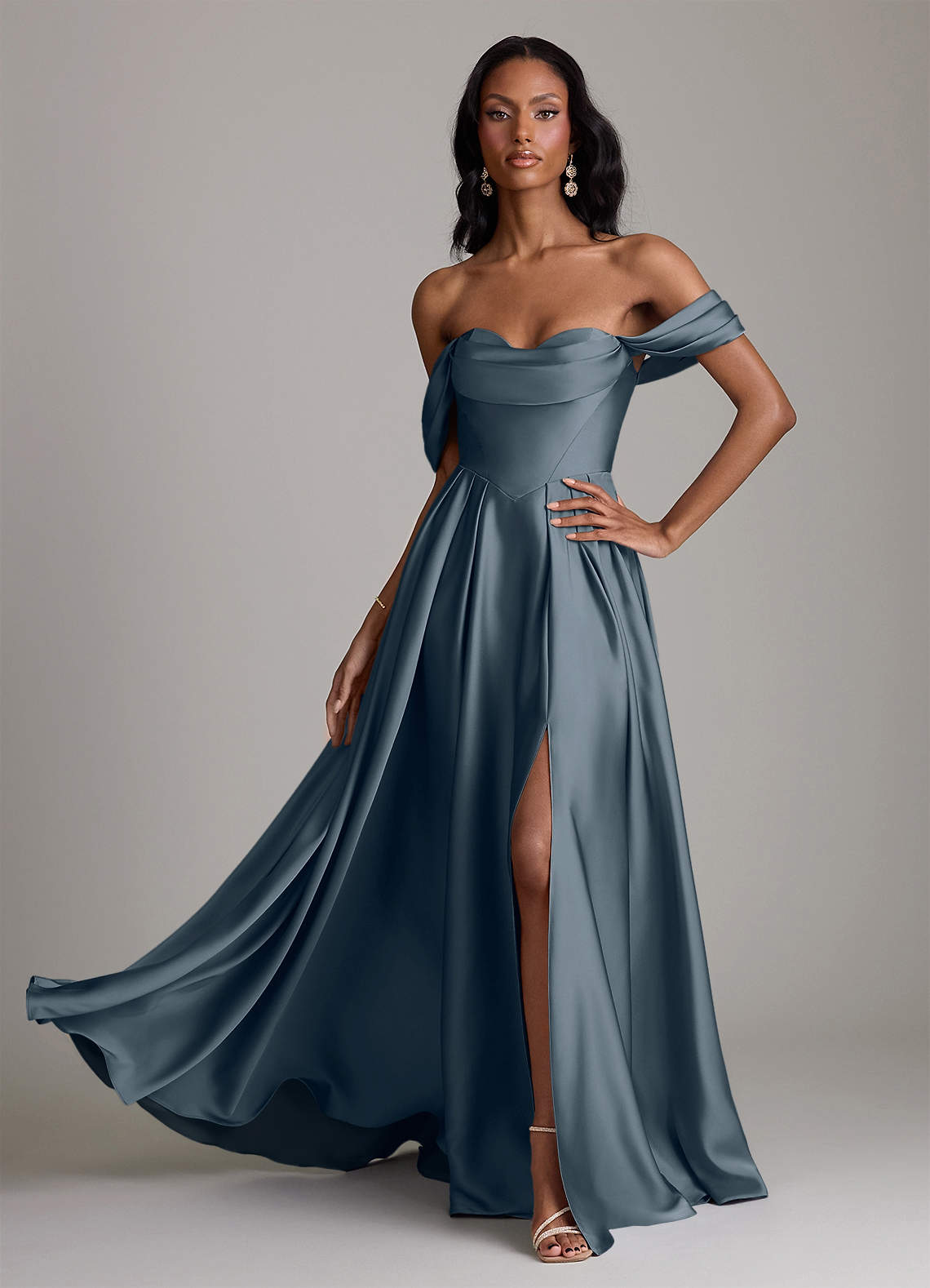Loisa A-Line Off-the-Shoulder Stretch Satin Bridesmaid Dress in Twilight