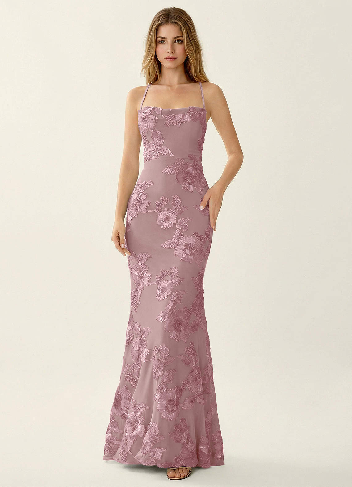 Kailani Mermaid Spaghetti-Strap Lace Evening Dress in Pale Purple