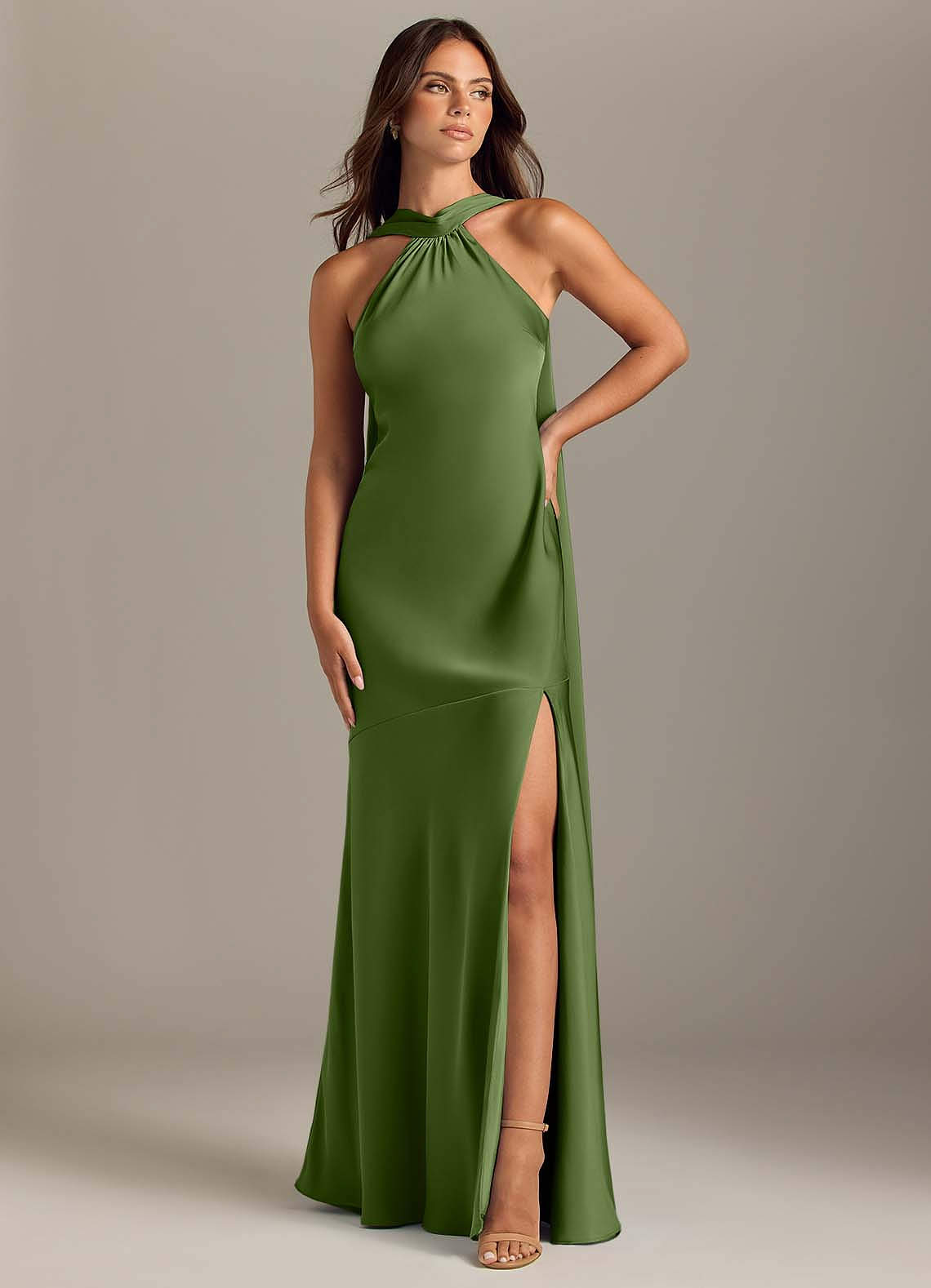 Kinsley Mermaid Halter Stretch Satin Bridesmaid Dress in Juniper